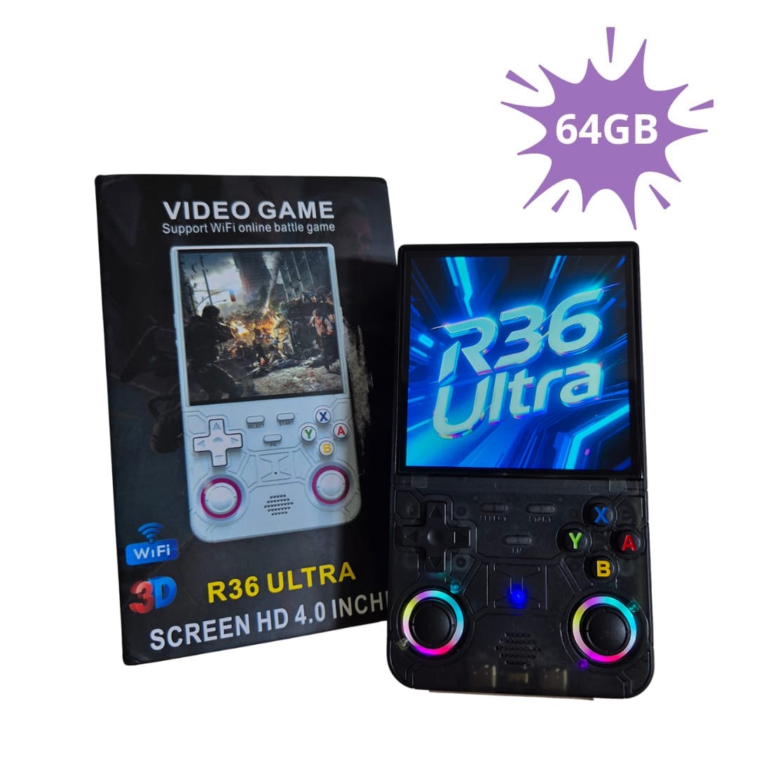 R36S Ultra 64GB Opslag | Retro Handheld Console | WIFI | Linux Systeem | Zwart Transparant | LED Joysticks
