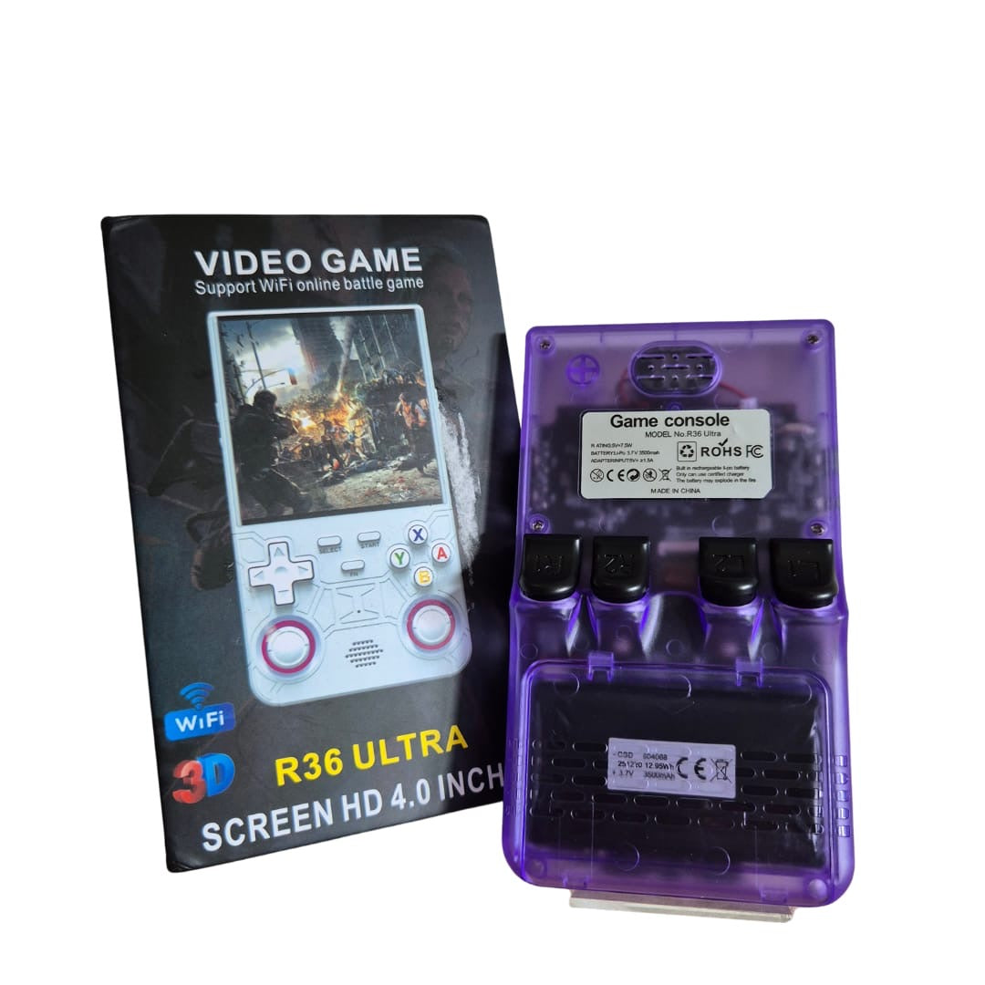 R36S Ultra 64GB Opslag | Retro Handheld Console | WIFI | Linux Systeem | Paars Transparant | LED Joysticks
