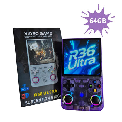 R36S Ultra 64GB Opslag | Retro Handheld Console | WIFI | Linux Systeem | Paars Transparant | LED Joysticks